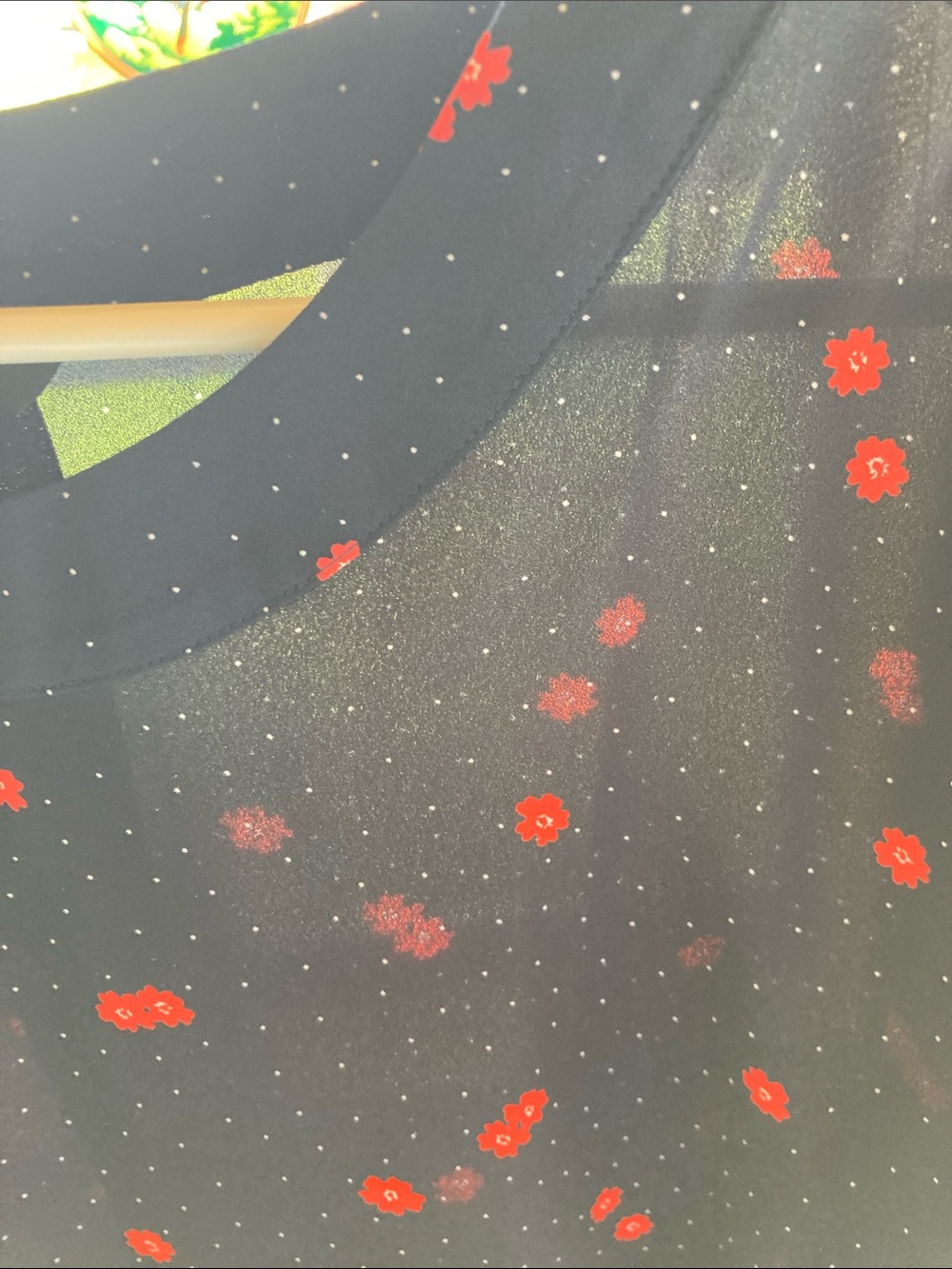 Banana Republic Navy Blouse with Red Flowers and Polka Dot Print Semi Sheer - Picture 7 of 8